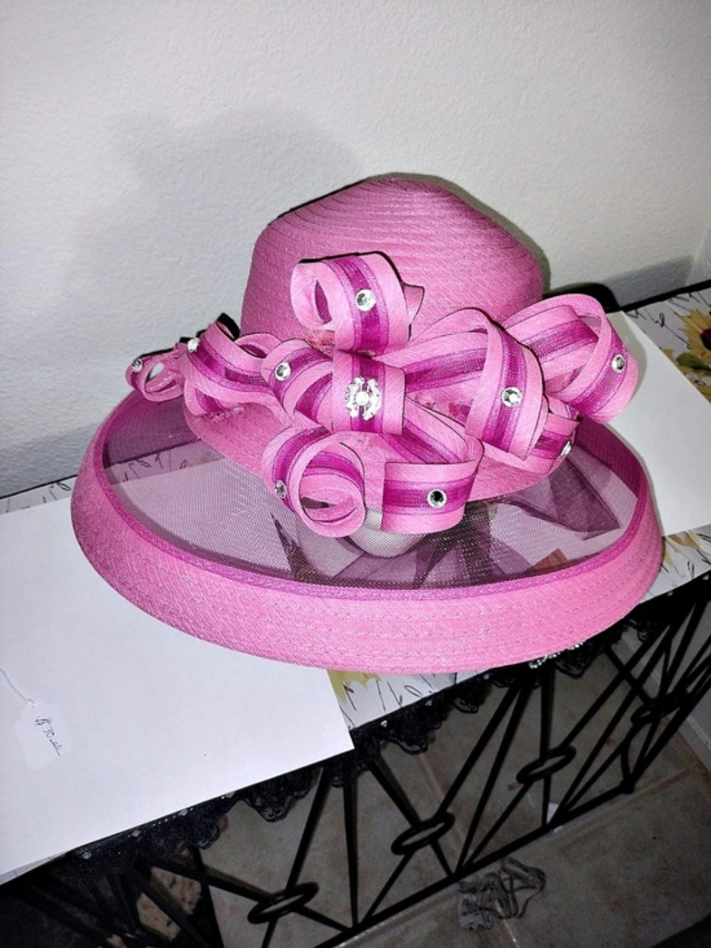 Pink Bow Hat with crystal accents and trim